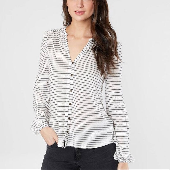 Lucky Brand Striped Button Front Puff Sleeve Top - Picture 8 of 8
